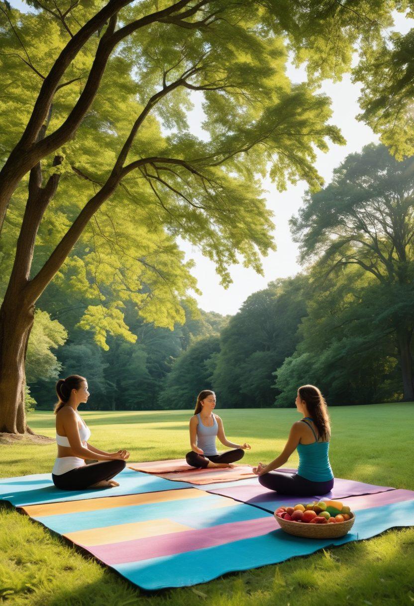 A serene family scene in a lush New Jersey park, showcasing a diverse family engaging in holistic activities like yoga, meditation, and sharing healthy meals. The background features iconic New Jersey landscapes with trees and a peaceful atmosphere, emphasizing wellness and connection. Bright, inviting colors that evoke a sense of health and positivity. super-realistic. vibrant colors. natural lighting.