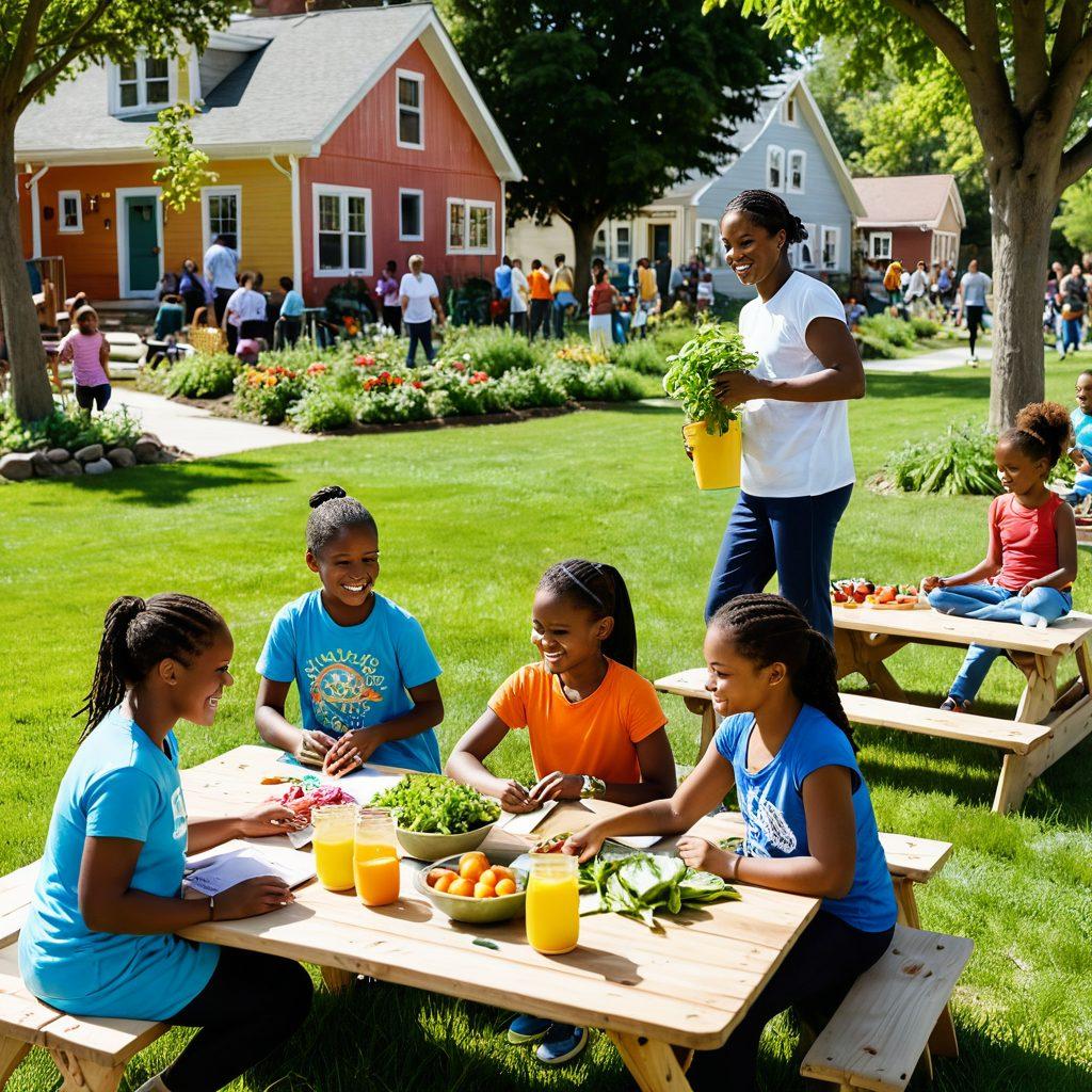A warm, inviting neighborhood scene showcasing diverse families engaging in healthy activities, like gardening, cooking together, and exercising in a park. Bright colors and smiles radiate compassion and community spirit. Include subtle elements like health resources, books, and healthy food options scattered around. super-realistic. vibrant colors. community-centered.